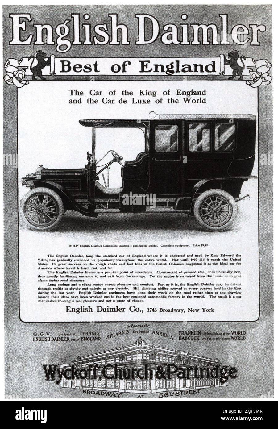 1907 annuncio inglese Daimler Limousine Car - "l'auto del re d'Inghilterra" - New York City Wyckoff, Church & Partridge Foto Stock