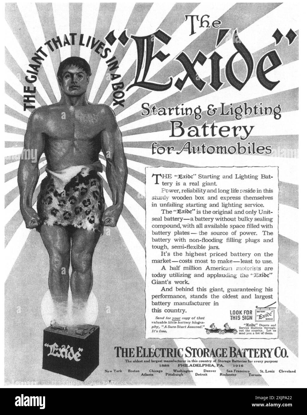1916 Northern Auto Electric Co. "Exide", annuncio sulle batterie per auto, Seattle Foto Stock