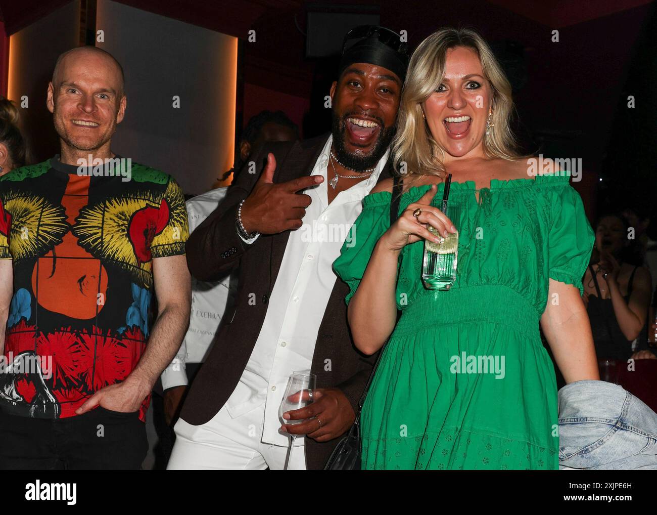 Londra, Regno Unito. 18 luglio 2024. Philip Baldwin, Kule T e Larissa Eddie partecipano all'Alan Endfield's Summer Party alla Mistress of Mayfair a Mayfair, Londra. (Foto di Cat Morley/SOPA Images/Sipa USA) credito: SIPA USA/Alamy Live News Foto Stock