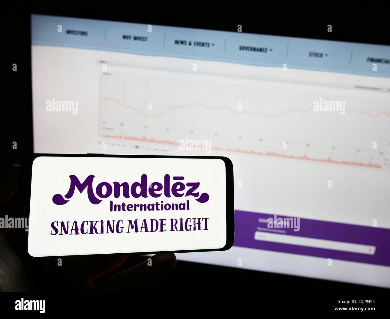 Stoccarda, Germania, 08-05-2023: Persona che detiene un telefono cellulare con il logo della società alimentare americana Mondelez International Inc. Sullo schermo di fronte al web Foto Stock
