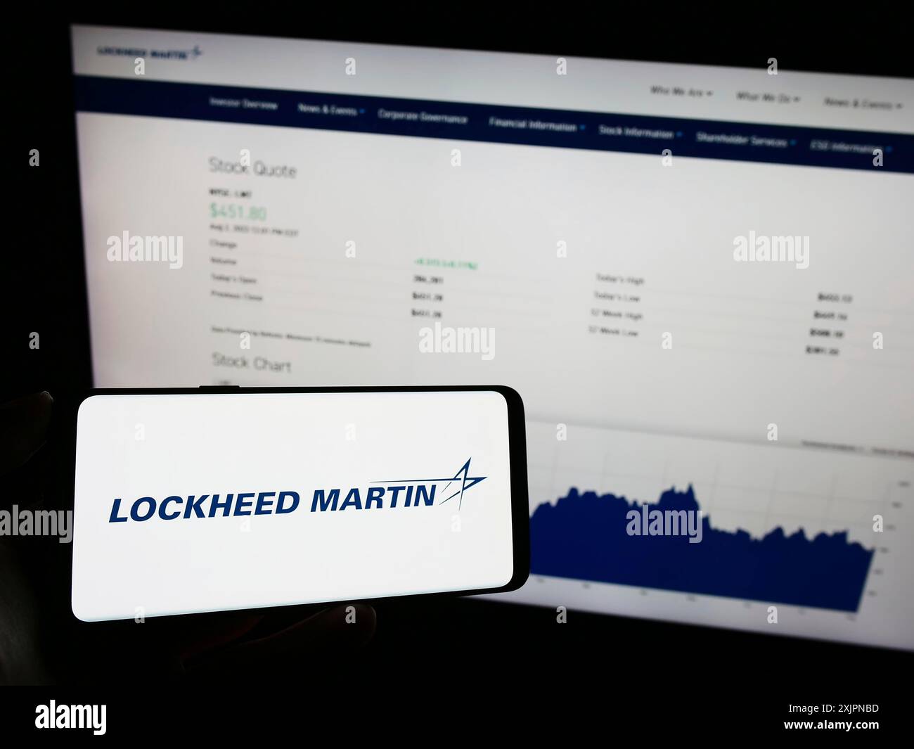 Stoccarda, Germania, 08-02-2023: Persona che detiene un telefono cellulare con il logo della società di difesa statunitense Lockheed Martin Corporation sullo schermo davanti al web Foto Stock