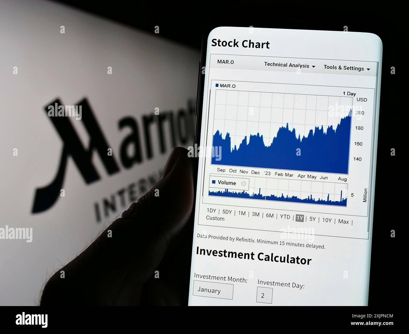 Stoccarda, Germania, 08-04-2023: Persona che detiene un cellulare con pagina web della società alberghiera statunitense Marriott International Inc. Sullo schermo con logo. Concentrati su Foto Stock