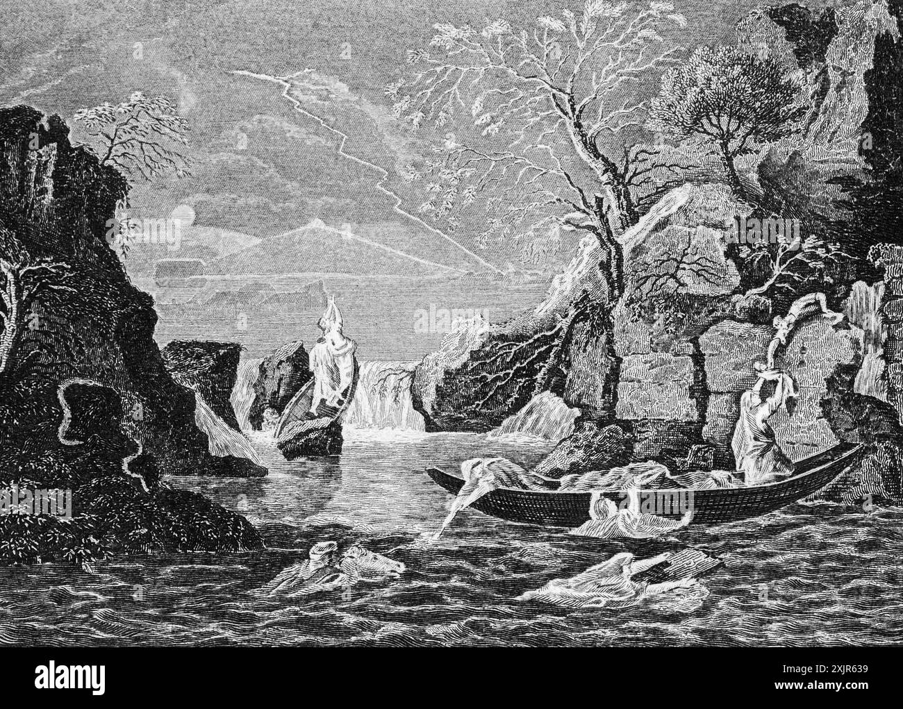 Il diluvio biblico o il diluvio del peccato nel paesaggio roccioso, alluvione, Noè, Arca, Genesi, Bibbia, illustrazione storica 1854 Foto Stock