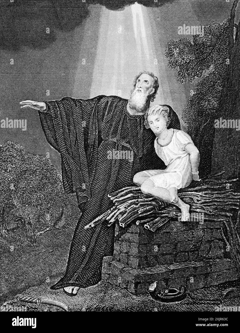 Abramo sacrifica il suo figlio legato Isacco, altare sacrificale, paura di Dio, raggi di luce dal cielo, primo Libro di Mosè, capitolo 12, Antico Testamento Foto Stock