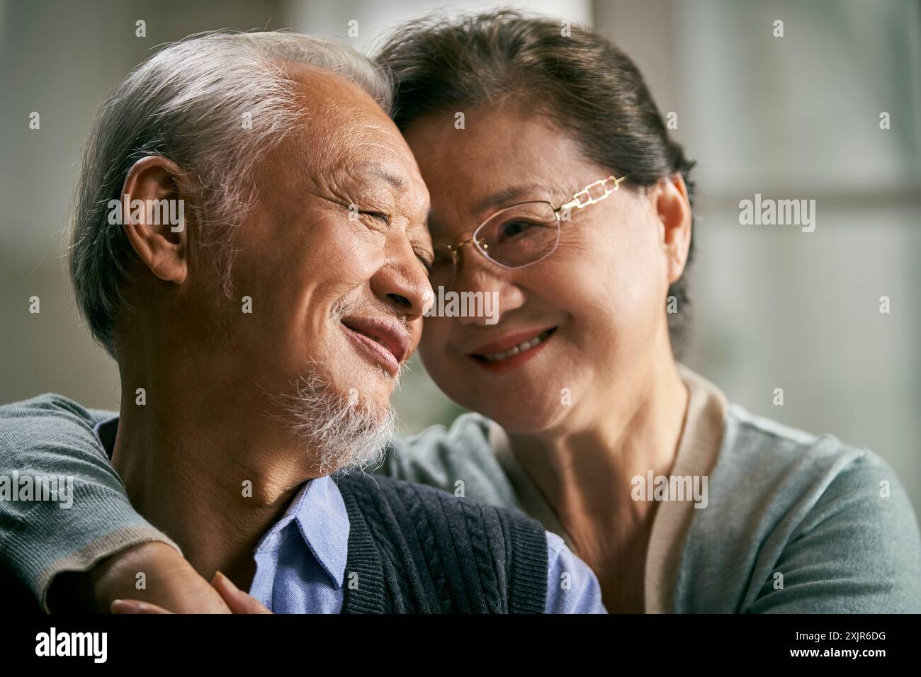 ritratto di una coppia asiatica senior felice e amorevole seduta sul divano a casa Foto Stock