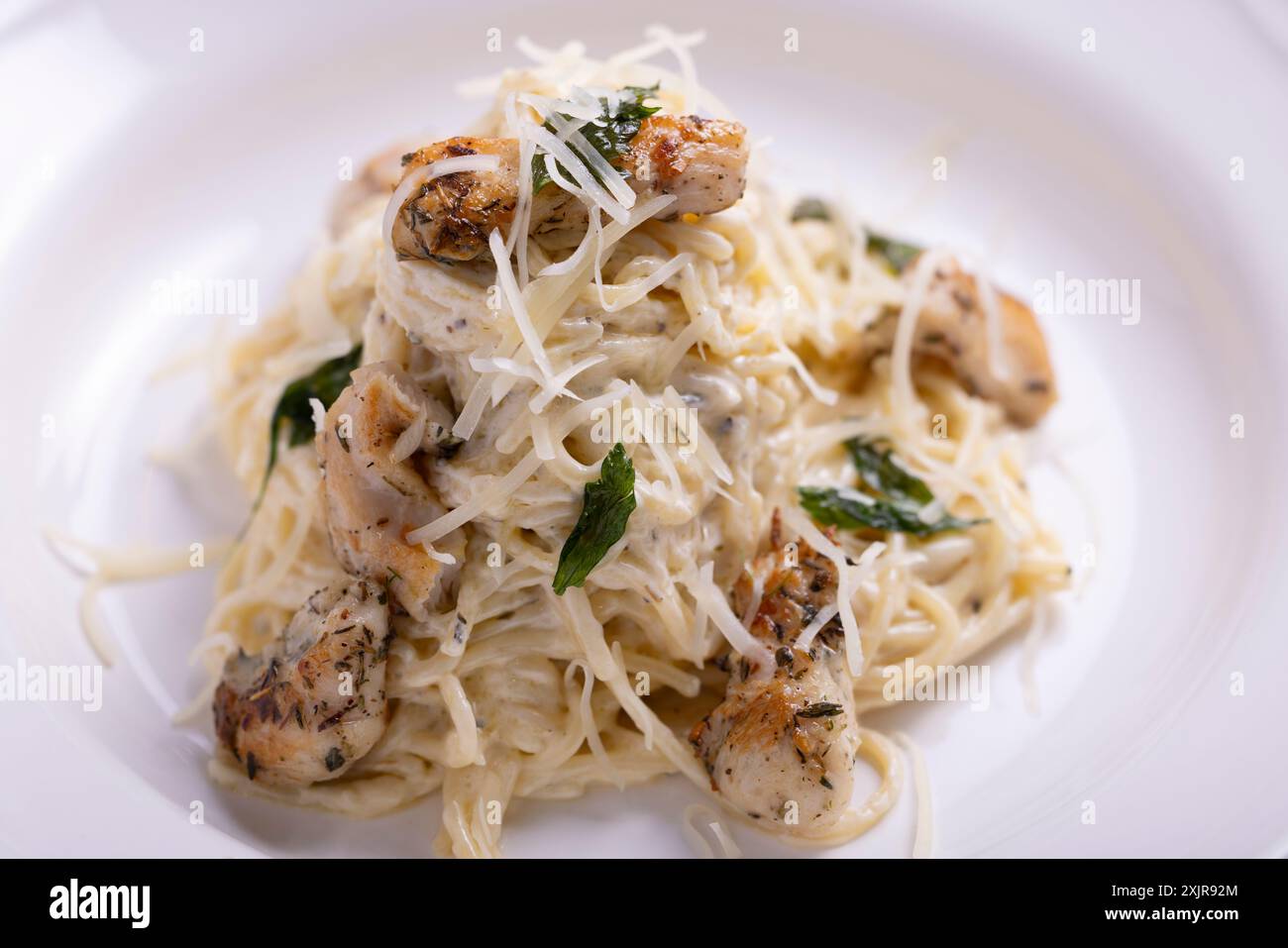 Deliziosa pasta cremosa di alfredo con pezzi di pollo alla griglia ed erbe fresche, guarnita con parmigiano grattugiato, splendidamente presentata Foto Stock