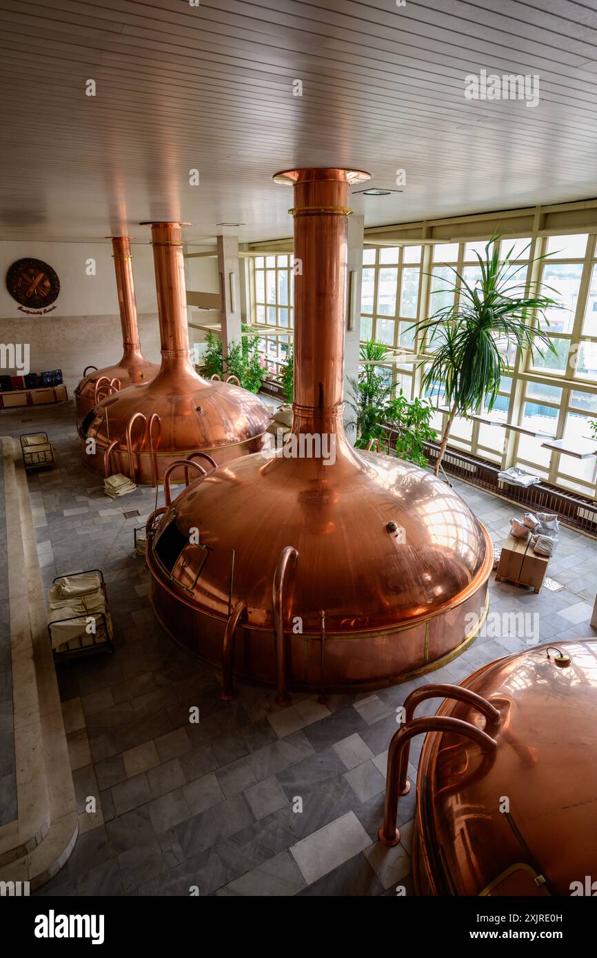 Ceske Budejovice - 13 luglio 2024: Budweiser Budvar Brew House interno con padelle di torte di rame o bollitori per la produzione di birra. Foto Stock