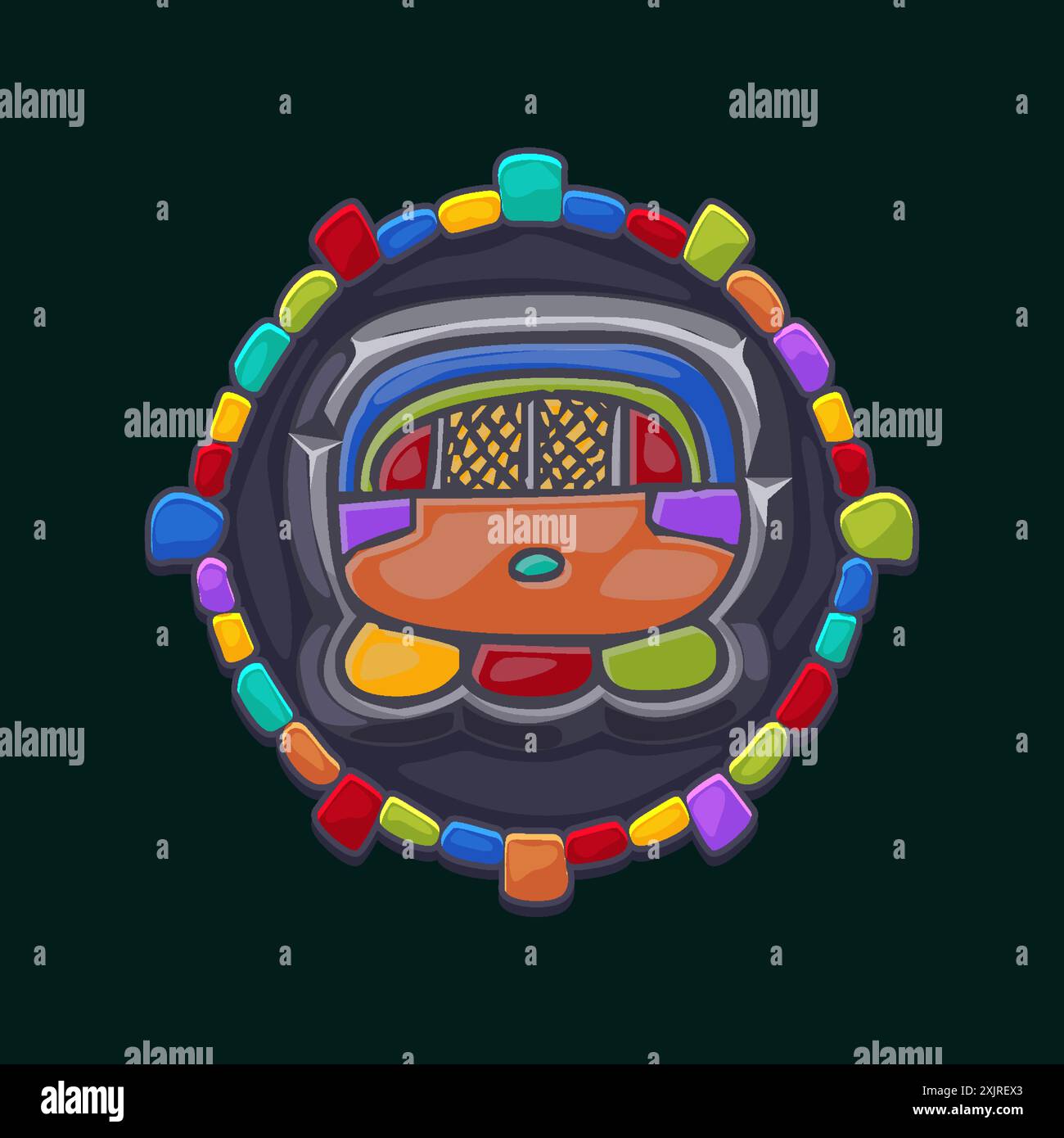 Cartone animato Akbal Mayan Glyph o simbolo in cornice di pietra. Icona Akbal per il tuo gioco 2D o slot Illustrazione Vettoriale