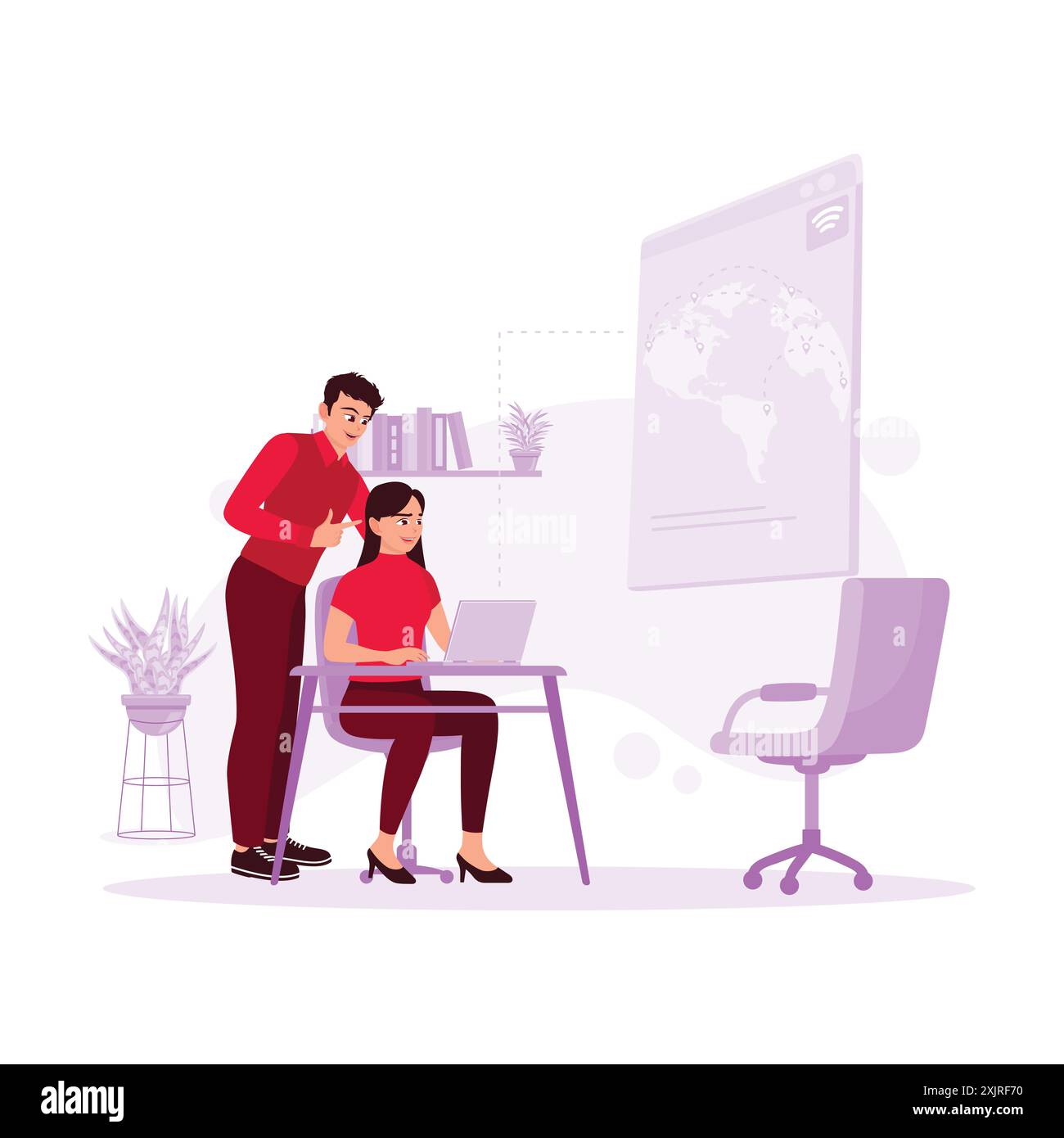 Uomo e donna felici che navigano su Internet con un laptop. Scoprite nuove cose con i progressi della tecnologia, le moderne illustrazioni vettoriali. Illustrazione Vettoriale