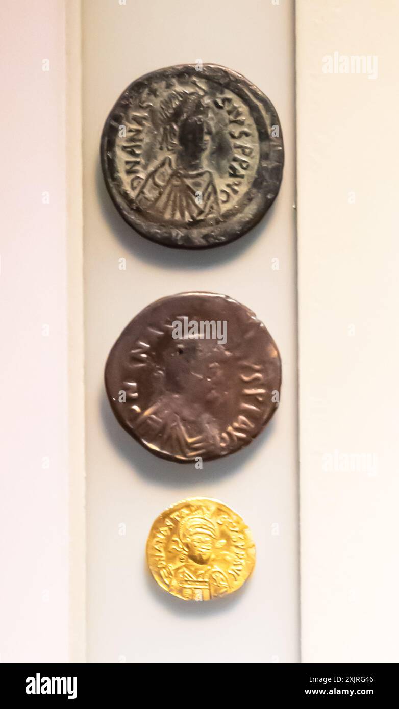 Moneta bizantina, imperatore Anastasio (491-518 d.C.), Impero romano d'Oriente, Smirne Foto Stock