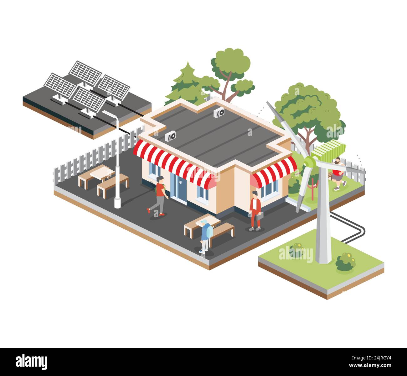 Bar Isometric Street con tavoli e panchine. Turbina eolica con pannelli solari. Oggetti isolati su sfondo bianco. Scena urbana. Illustrazione Vettoriale