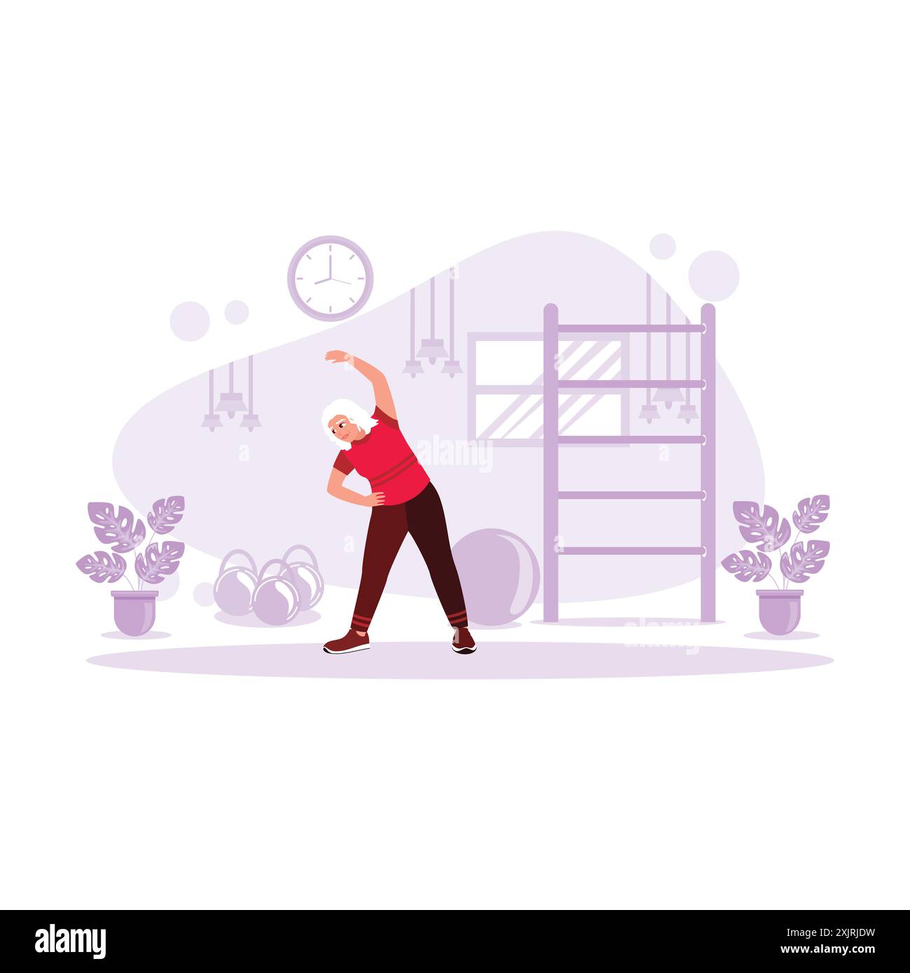 Una donna anziana eccitata che fa un leggero esercizio nel club sportivo. Illustrazione piatta vettoriale moderna. Illustrazione Vettoriale