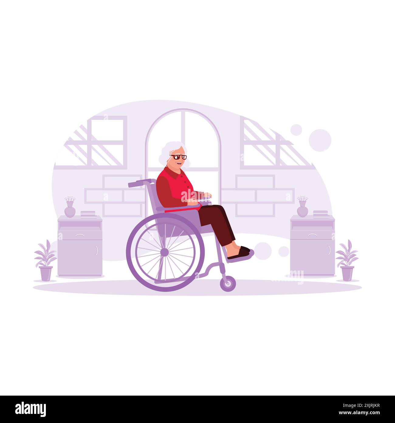 Ritratto di una donna anziana seduta su una sedia a rotelle in una casa felicemente. Illustrazione piatta vettoriale moderna. Illustrazione Vettoriale