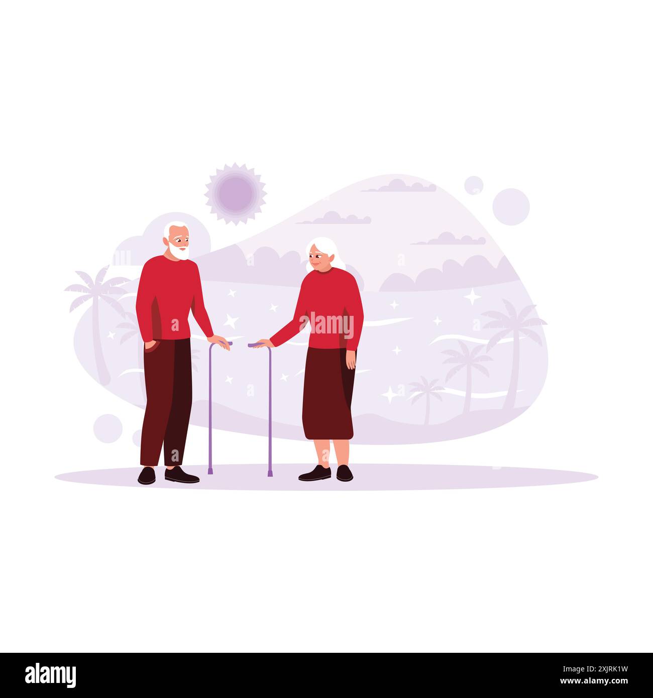 Una coppia di anziani sta in piedi e sta chiacchierando, guardandosi l'un l'altro con vista sulla spiaggia e sul tramonto. Illustrazione piatta vettoriale moderna. Illustrazione Vettoriale