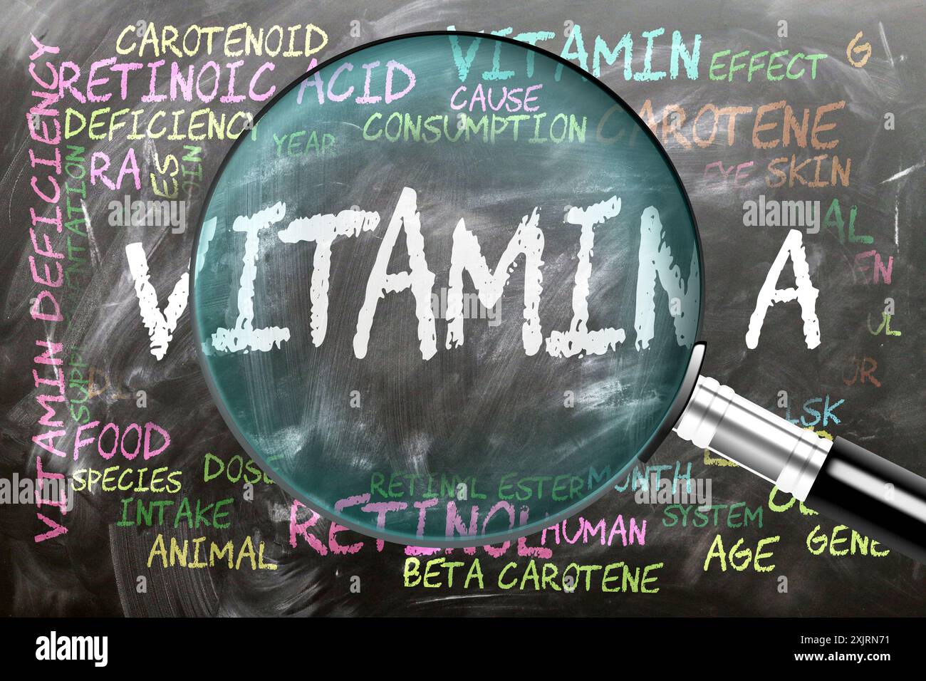 La vitamina A viene studiata, esaminata - sotto stretta ispezione. Argomenti e idee più importanti strettamente correlati alla vitamina a scritta su una lavagna INS Foto Stock