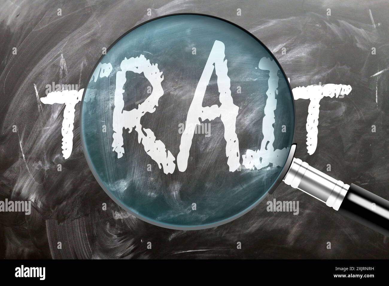 Tratto - impararlo, studiarlo e ispezionarlo. Un'occhiata più da vicino al tratto. Una lente d'ingrandimento che ingrandisce la parola "tratto" scritta su una lavagna Foto Stock