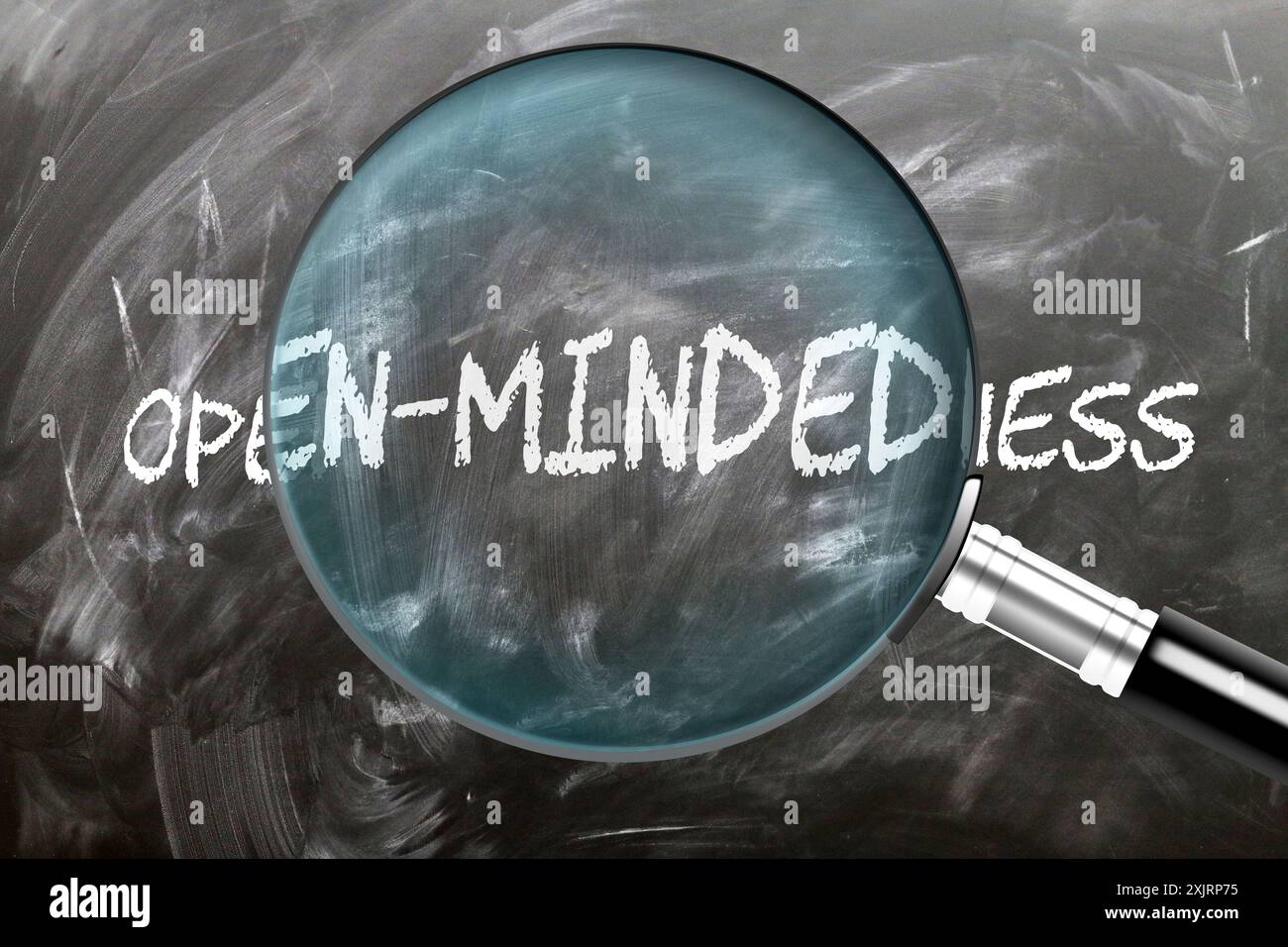 Apertura mentale - apprendimento, studio e ispezione. Un'occhiata più da vicino alla mentalità aperta. Una lente d'ingrandimento che ingrandisce la parola "apertura mentale" Foto Stock