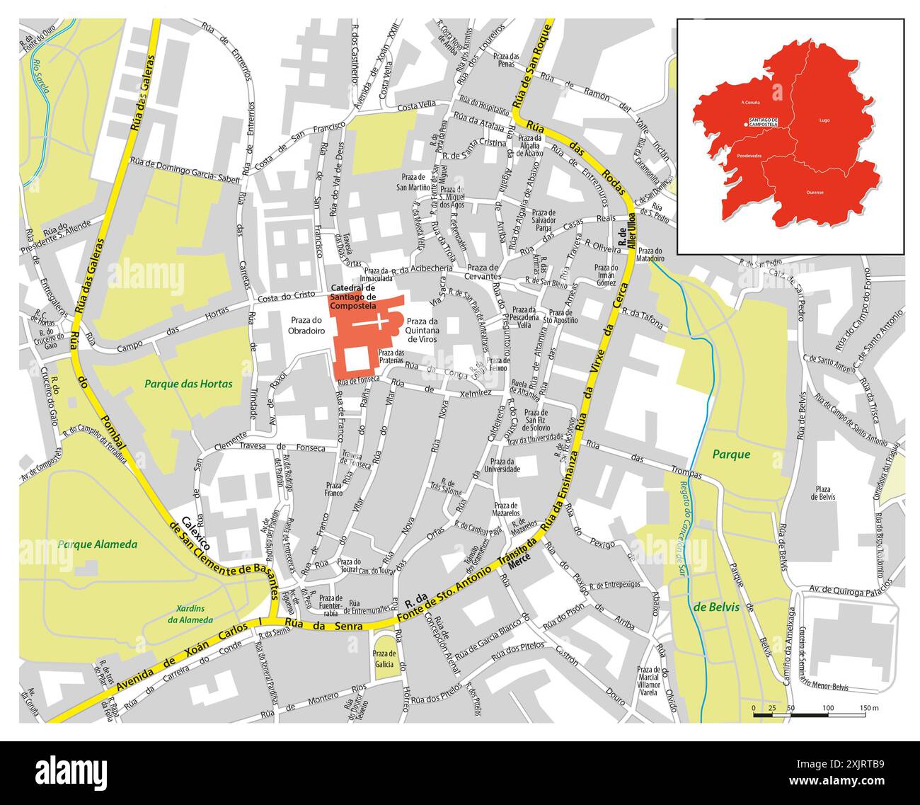 Mappa vettoriale del centro città, la capitale della Galizia, Santiago de Compostela, Spagna Foto Stock