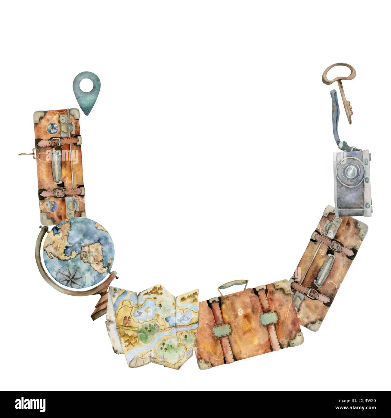 Accessori turistici, valigia per bagagli, matraccio sottovuoto, macchina fotografica, mappamondo, chiave. Illustrazione disegnata a mano con acquerello. Telaio della corona tonda. Turismo Foto Stock