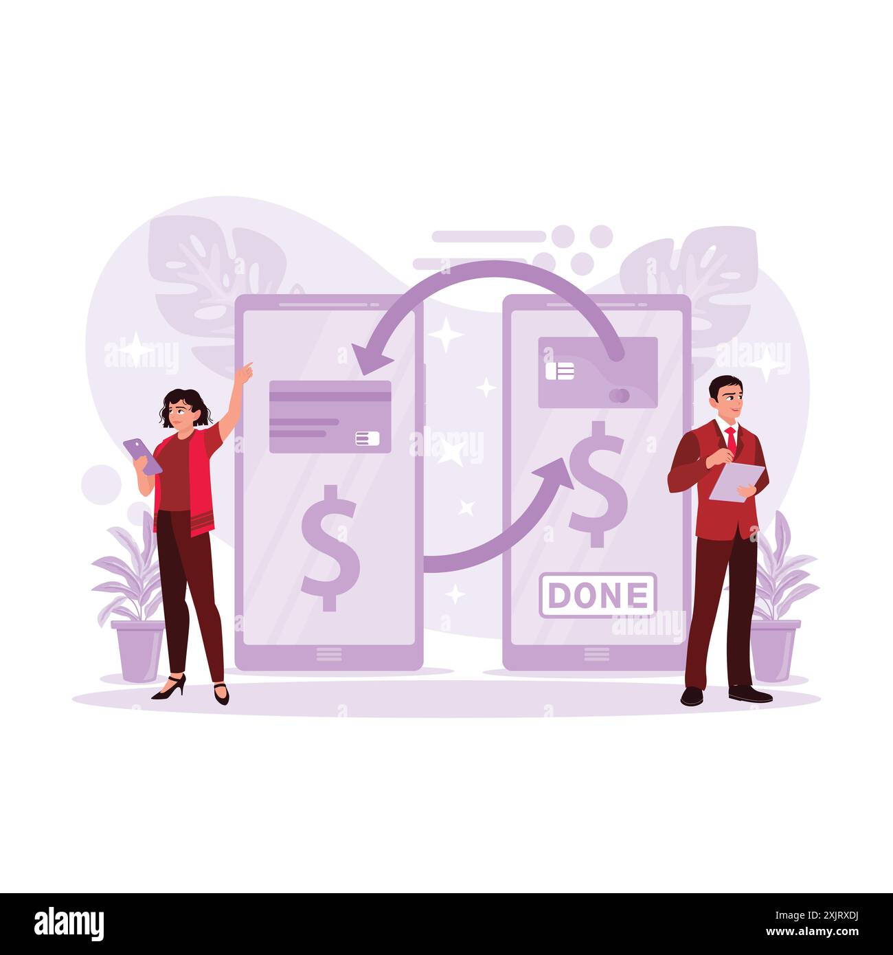 Due persone stanno effettuando transazioni online e trasferendo denaro tramite pagamento mobile sullo smartphone. Illustrazione piatta vettoriale moderna. Illustrazione Vettoriale
