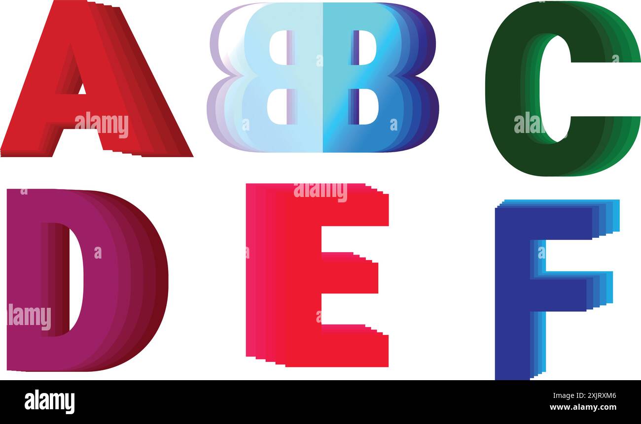 Loghi lettere a, B, C, D, e e F. Lettere alfabetiche colorate. lettere 3d. Illustrazione Vettoriale
