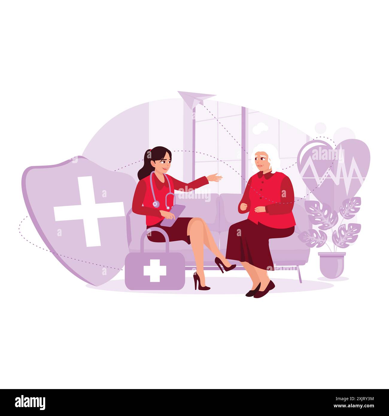 Il medico donna esamina, spiega e consulta i problemi di salute con una paziente anziana. Illustrazione piatta vettoriale moderna. Illustrazione Vettoriale