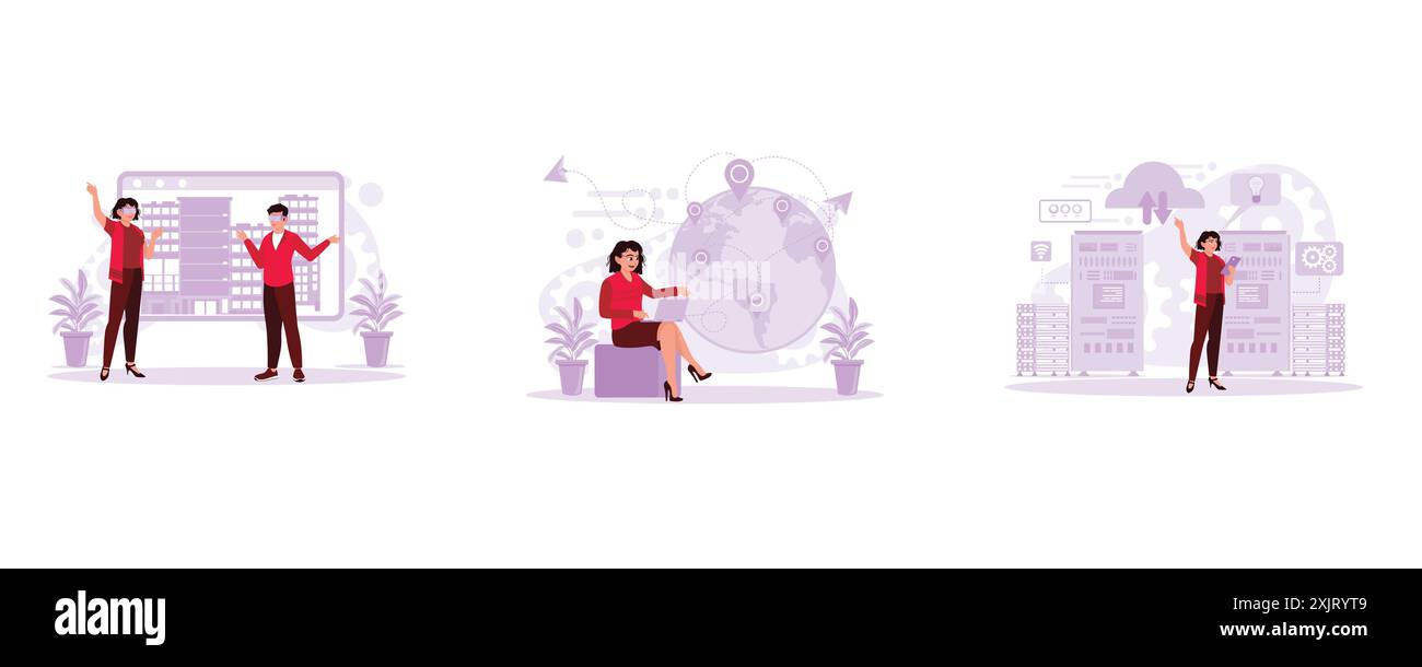 Due giovani architetti indossano occhiali speciali e lavorano con modelli 3D. Una donna d'affari è seduta e accede a un notebook con una rete futuristica Illustrazione Vettoriale