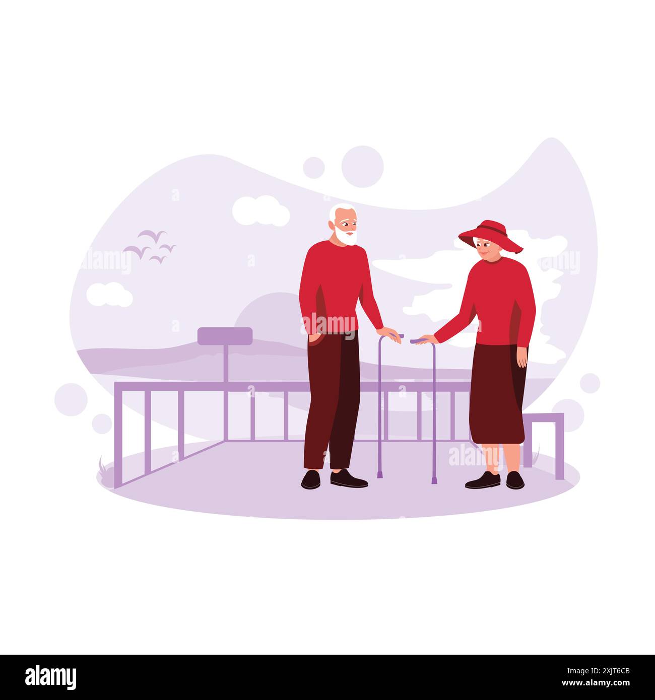 Una coppia di anziani è insieme su una spiaggia, si guarda l'un l'altro, si trova vicino a una barriera di sicurezza e utilizza un camminatore. Illustrazione piatta vettoriale moderna. Illustrazione Vettoriale