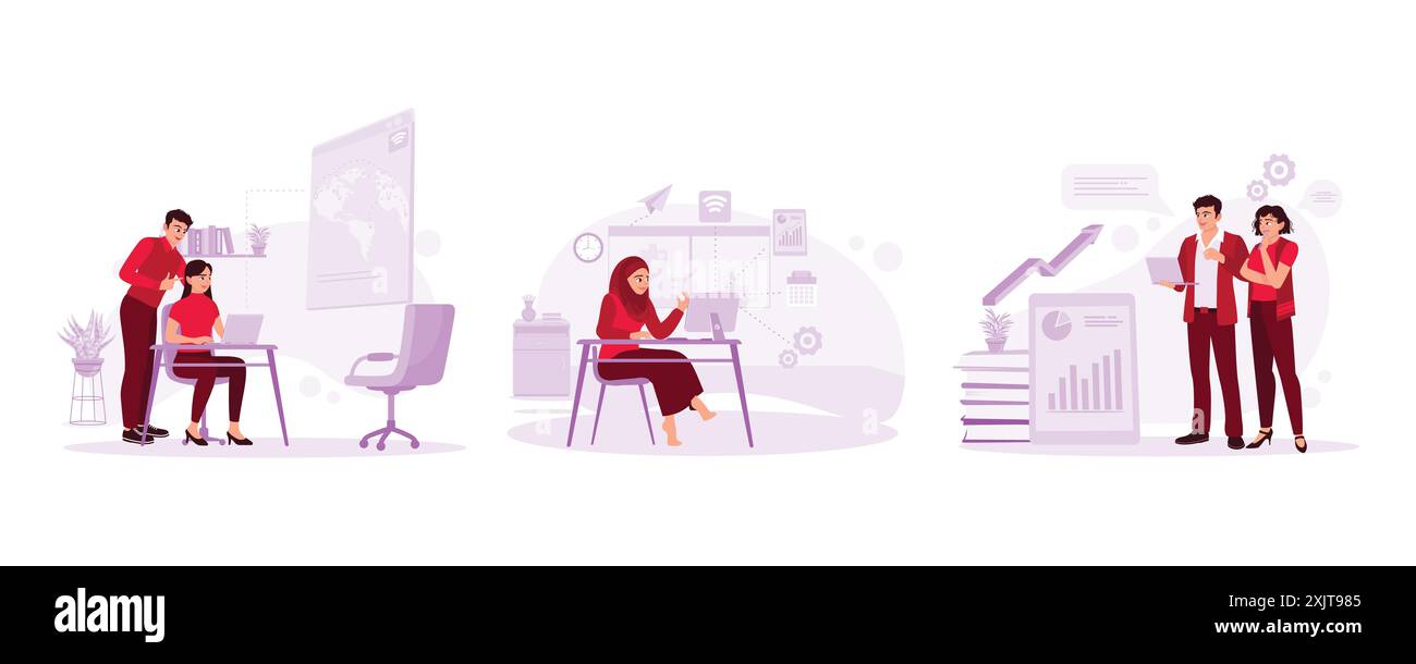 Giovane coppia che guarda lo schermo del notebook. Le donne imprenditrici musulmane lavorano professionalmente. Giovane lavoratore maschile che spiega un'idea d'affari a un collega. Illustrazione Vettoriale