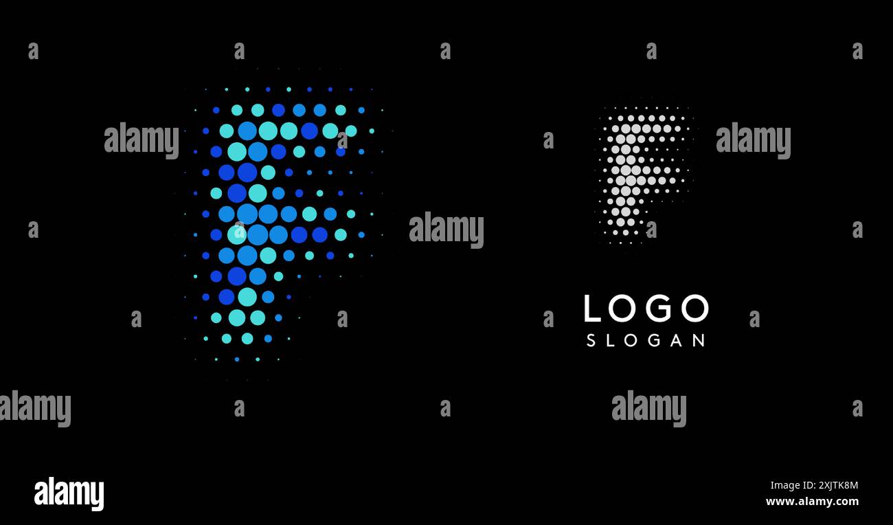 Logo Letter F astratto con puntini sfumati blu, design moderno e minimalista. Ideale per il branding aziendale, l'identità aziendale e le aziende tecnologiche. Elegante e. Illustrazione Vettoriale