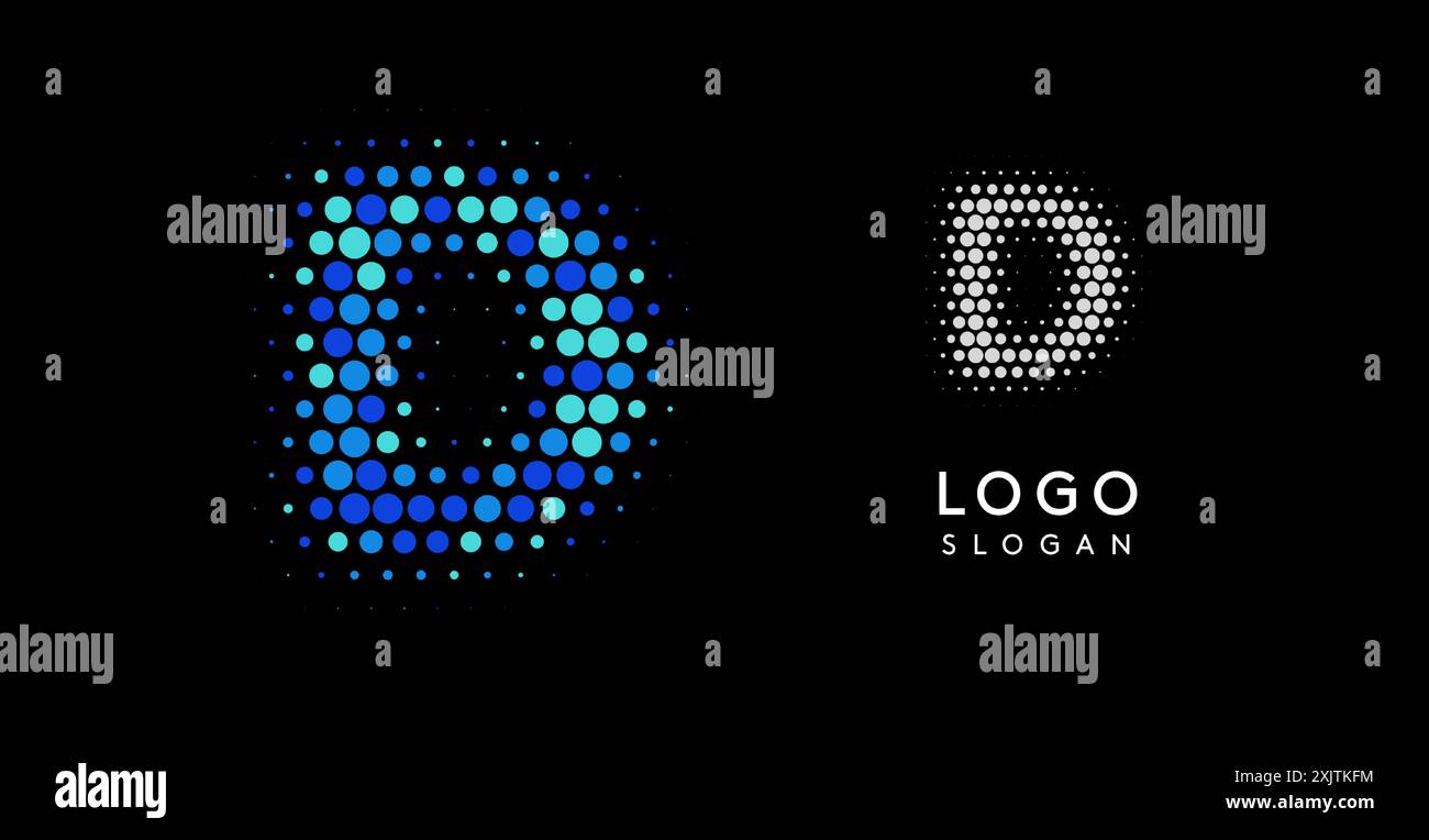 Logo lettera D astratta con puntini sfumati blu, design moderno e minimalista per il branding aziendale, l'identità aziendale e le aziende tecnologiche. Elegante Illustrazione Vettoriale