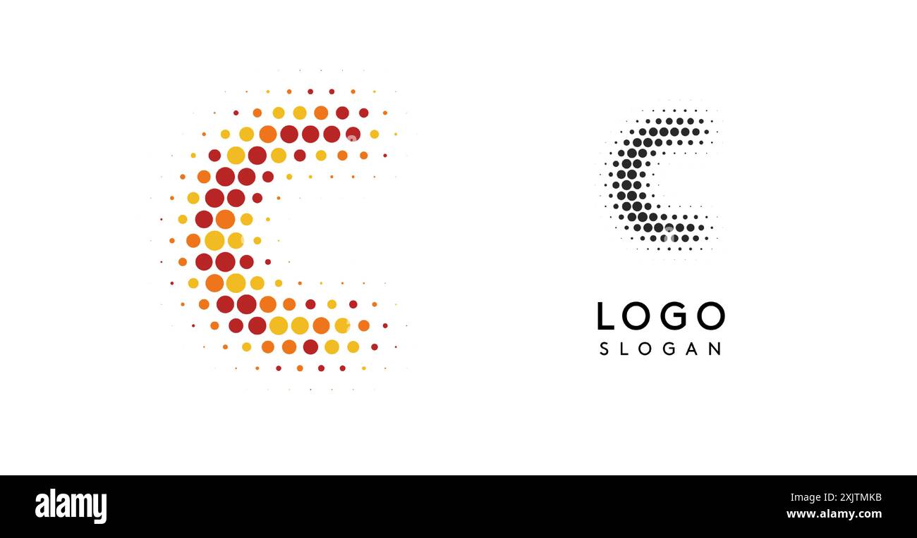 Logo lettera C astratta con puntini sfumati da arancione a rosso, design moderno e minimalista per il branding aziendale, l'identità aziendale e le aziende tecnologiche Illustrazione Vettoriale