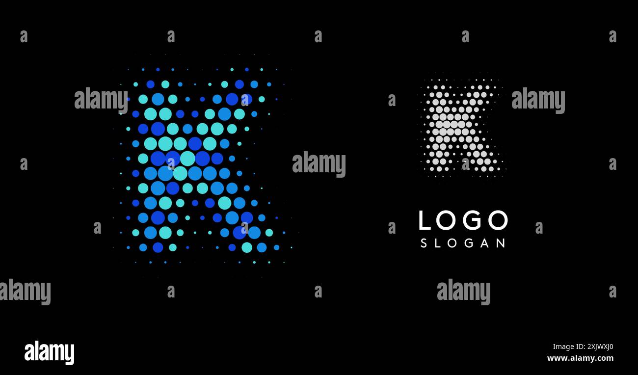 Logo lettera K astratto con puntini sfumati blu, design moderno e minimalista. Ideale per il branding aziendale, l'identità aziendale e le aziende tecnologiche. Elegante Illustrazione Vettoriale