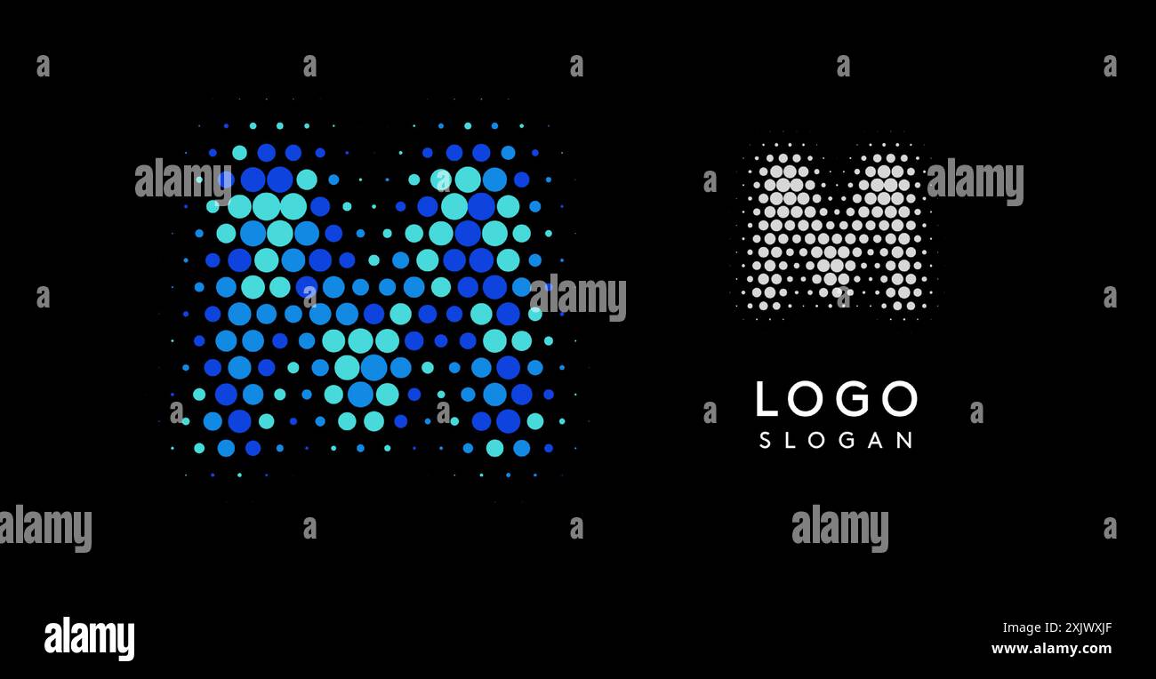 Logo Letter M astratto con puntini sfumati blu, design moderno e minimalista. Ideale per il branding aziendale, l'identità aziendale e le aziende tecnologiche. Elegante Illustrazione Vettoriale