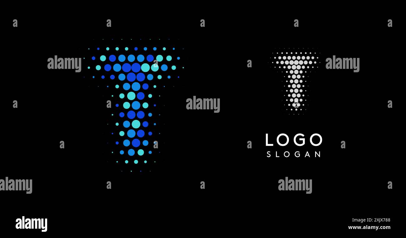 Logo Letter T astratto con puntini sfumati blu, design moderno e minimalista. Ideale per il branding aziendale, l'identità aziendale e le aziende tecnologiche. Elegante Illustrazione Vettoriale