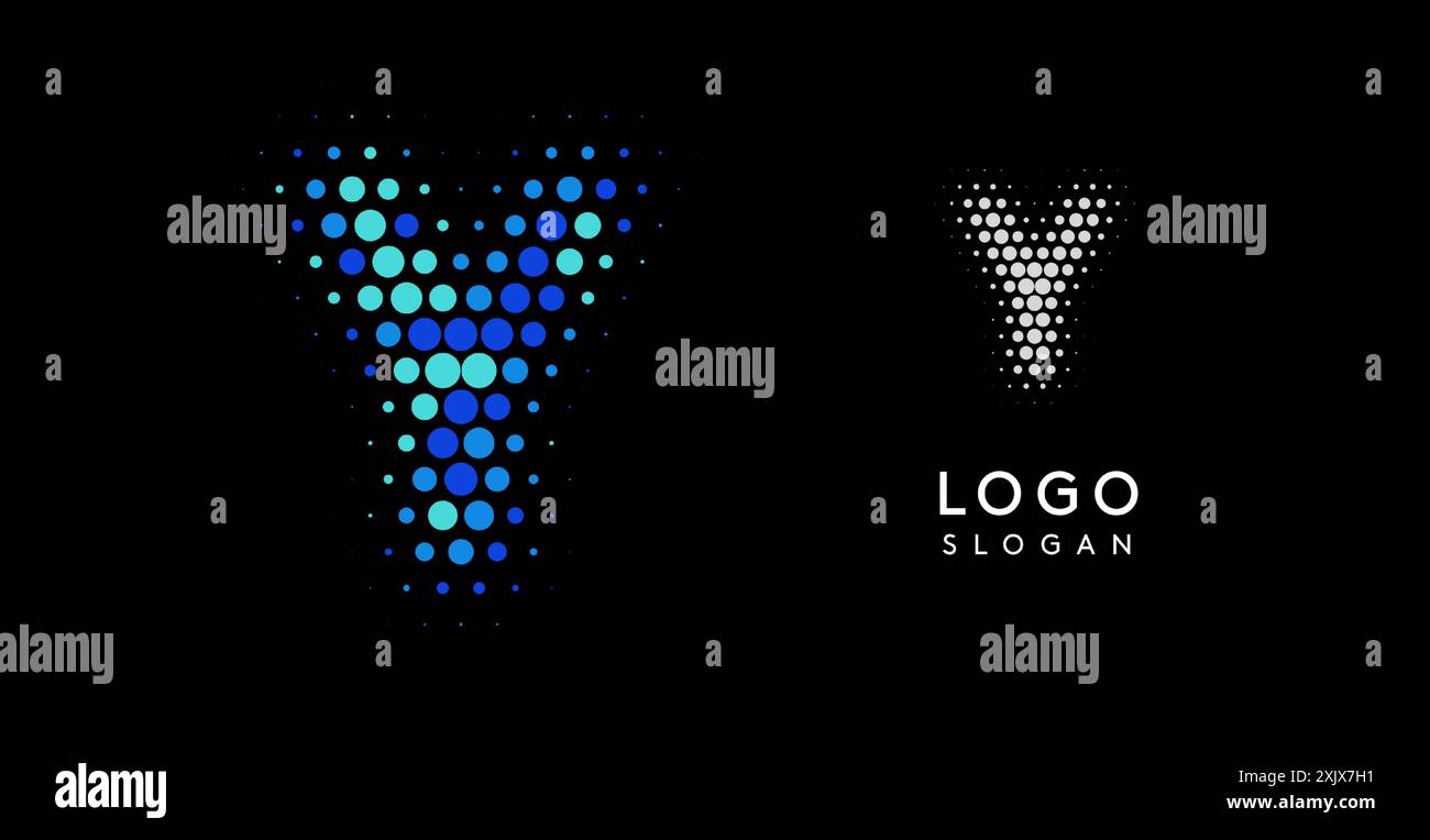 Logo a Y con lettera astratta e puntini sfumati blu, design moderno e minimalista. Ideale per il branding aziendale, l'identità aziendale e le aziende tecnologiche. Elegante Illustrazione Vettoriale