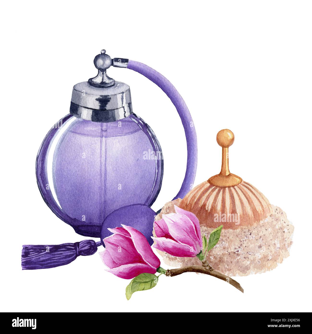 Bottiglia di profumo vintage lilla con spugnetta vintage beige in polvere e magnolia. Illustrazione ad acquerello disegnata a mano isolata su sfondo bianco. Per la progettazione, Foto Stock