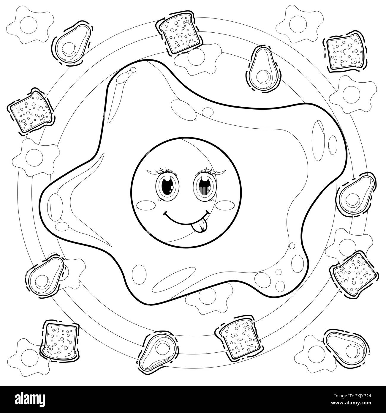 Pagina da colorare per bambini e adulti. Libro da colorare delle sirene. Uovo fritto felice e carino. Illustrazione dei personaggi dei cartoni animati vettoriali. Illustratore vettoriale contorno cartoni animati Foto Stock