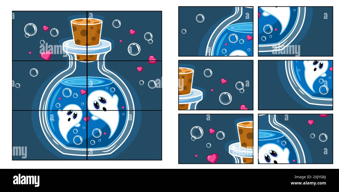 Gioco per bambini. Raccogliere una foto. Gioco educativo puzzle per bambini. Simpatici fantasmi in un cono di vetro. Personaggio divertente e inquietante. Spaventare il fantoccio. Foto Stock