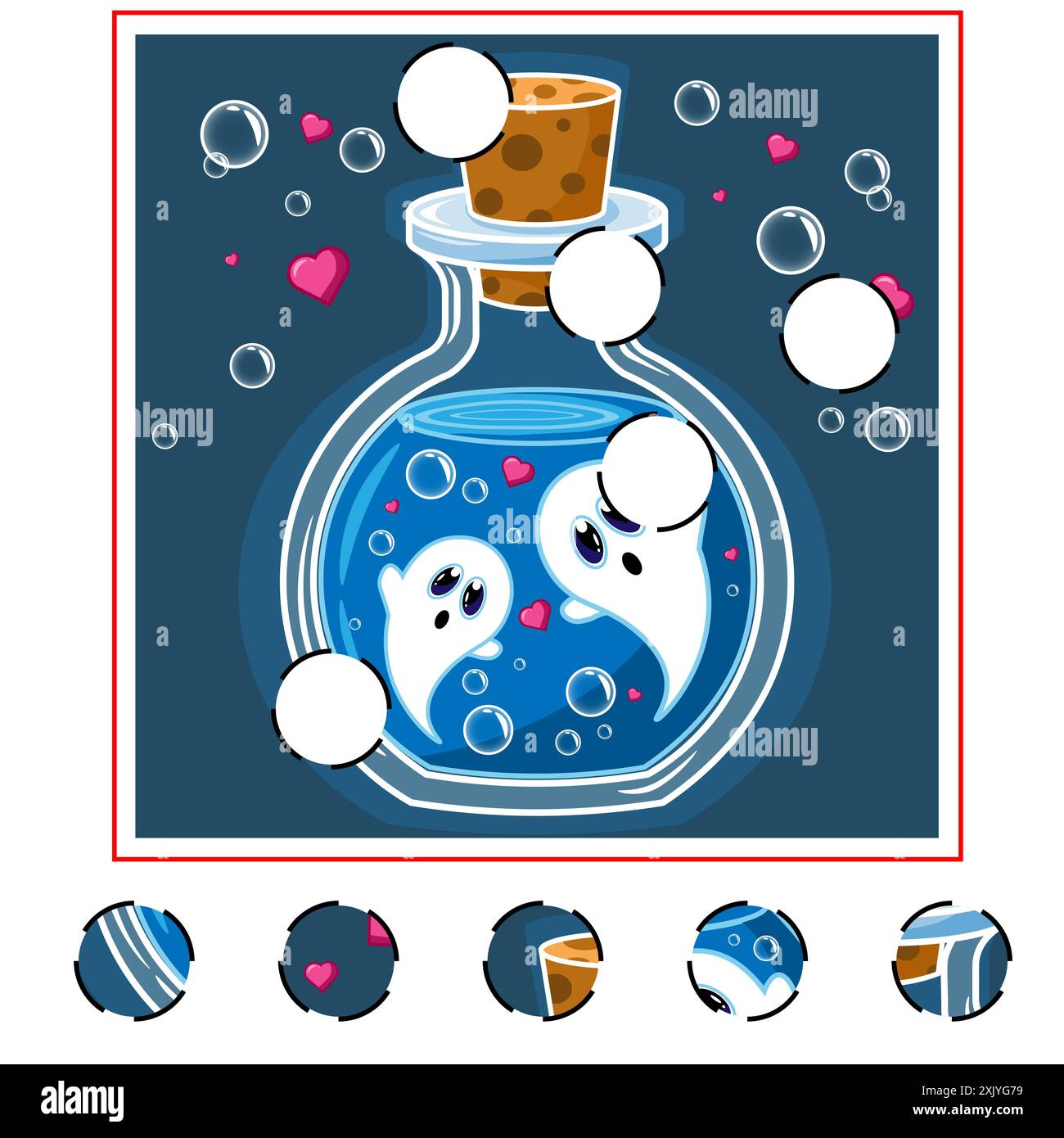 Gioco per bambini. Raccogliere una foto. Gioco educativo per bambini. Simpatici fantasmi in un cono di vetro. Personaggio divertente e inquietante. Spaventare il fantoccio. Foto Stock