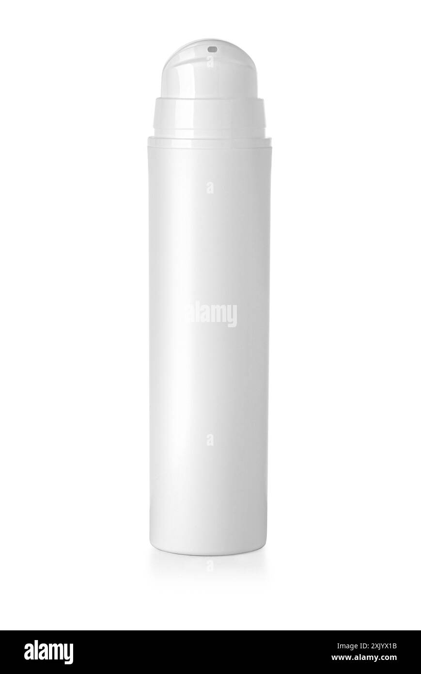 Flacone bianco con spruzzatore. Mock-up di imballaggio in plastica bianca per spray medico. Modello vuoto del contenitore per il liquido. Foto Stock