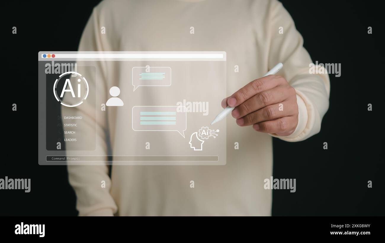 Mano umana con una penna stilo che tocca uno schermo virtuale che mostra domande e risposte con intelligenza artificiale, apprendimento automatico, tecnologia ai Foto Stock