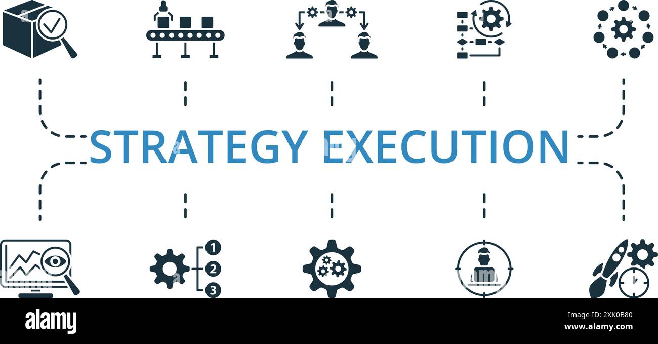 Set di icone esecuzione strategia. Raccolta di icone monocromatiche Simple Strategy Execution. Controllo qualità, linea di produzione, attività di delega, flusso di lavoro Illustrazione Vettoriale