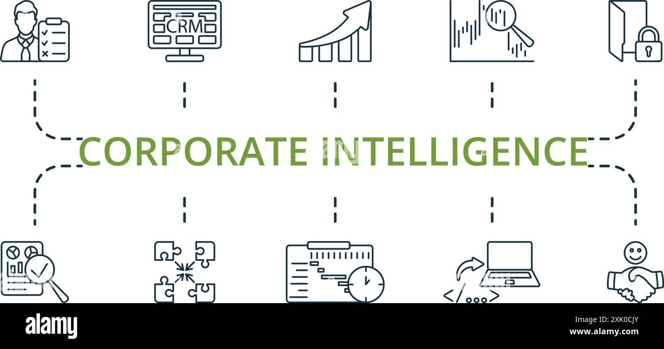 Set di icone della linea sottile di Corporate Intelligence. Raccolta icone monocromatica Simple Corporate Intelligence. Rilevamento dei dati, elaborazione degli eventi, azienda Illustrazione Vettoriale