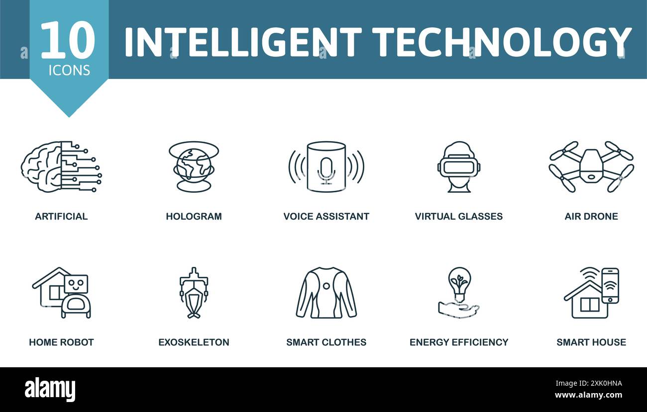 Set di icone di linea sottile della tecnologia intelligente. Artificiale, ologramma, assistente vocale, occhiali virtuali, Air Drone, robot per la casa, esoscheletro, abiti intelligenti Illustrazione Vettoriale