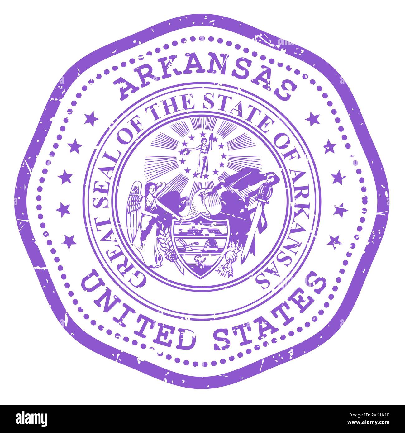 Francobollo dello stato dell'Arkansas con sigillo, francobollo da viaggio degli Stati Uniti, francobollo dell'Arkansas, vettoriale Illustrazione Vettoriale