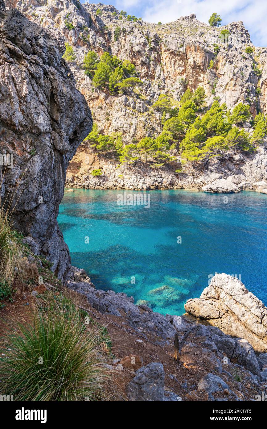 Costa, spiaggia, vista panoramica sulle montagne, acque turchesi, sa Calobra, isola di Maiorca, Isole Baleari Foto Stock