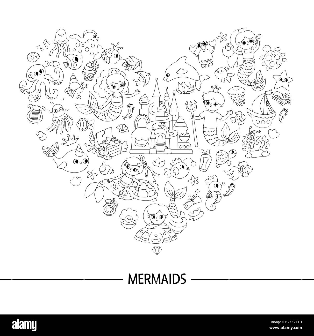 Telaio a forma di cuore bianco e nero vettoriale con sirene. Modello di carta del regno sottomarino con principessa, pesci, castello, alghe marine. Fiaba marina Illustrazione Vettoriale