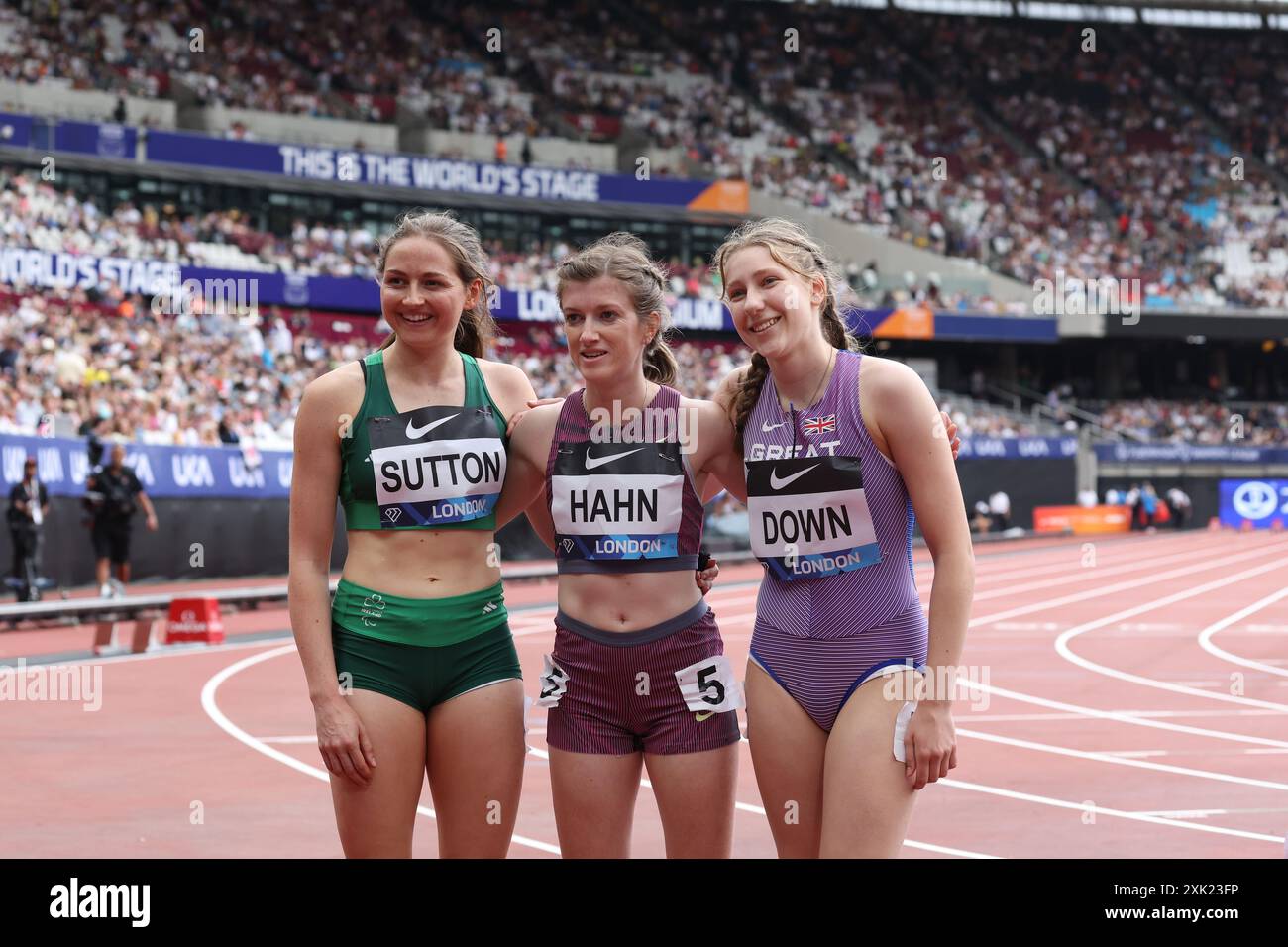 Londra, Regno Unito. 20 luglio 2024. Sophie HAHN, Maddie DOWN, Lana SUTTON dopo aver terminato la top 3 negli Ambulant 100m nel London Diamond League Meeting luglio 2024 Credit: Mark Easton/Alamy Live News Foto Stock