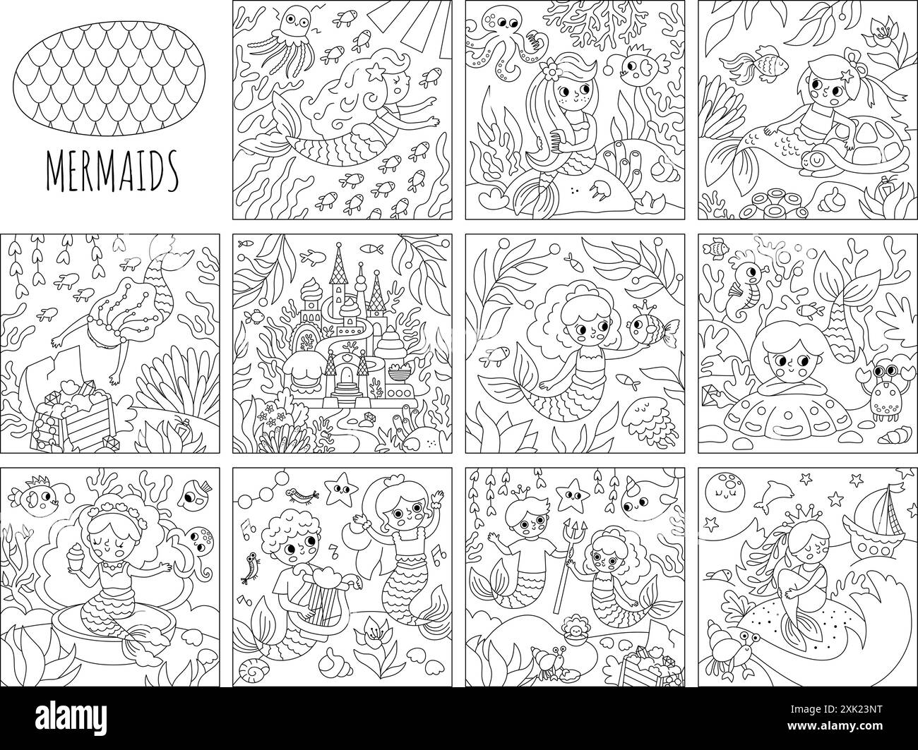 Set vettoriale in bianco e nero di illustrazioni paesaggistiche con sirena. Collezione di scene in linea con l'oceano o il regno del mare con principessa marina, castello, tesoro Illustrazione Vettoriale